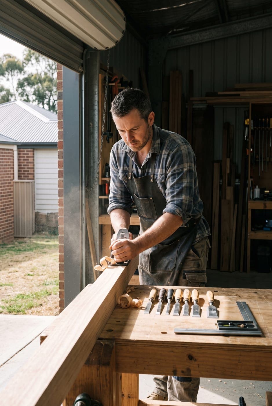 Carpenter planing a length of timber by hand at a tidy workshop bench