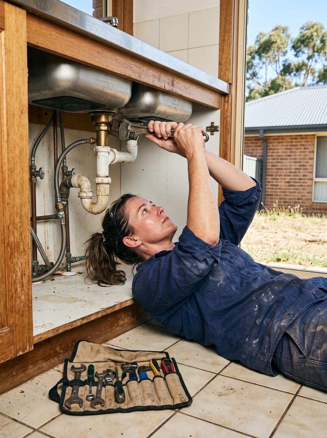 Plumber on her back under a kitchen sink, tightening the tap tailpiece with a wrench