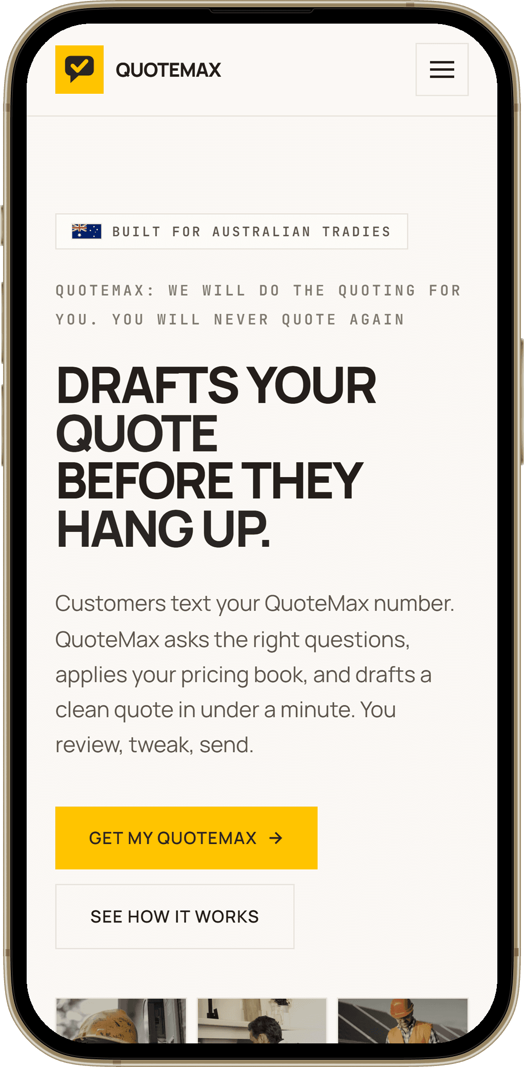The QuoteMax mobile site on an iPhone. Drafts your quote before they hang up