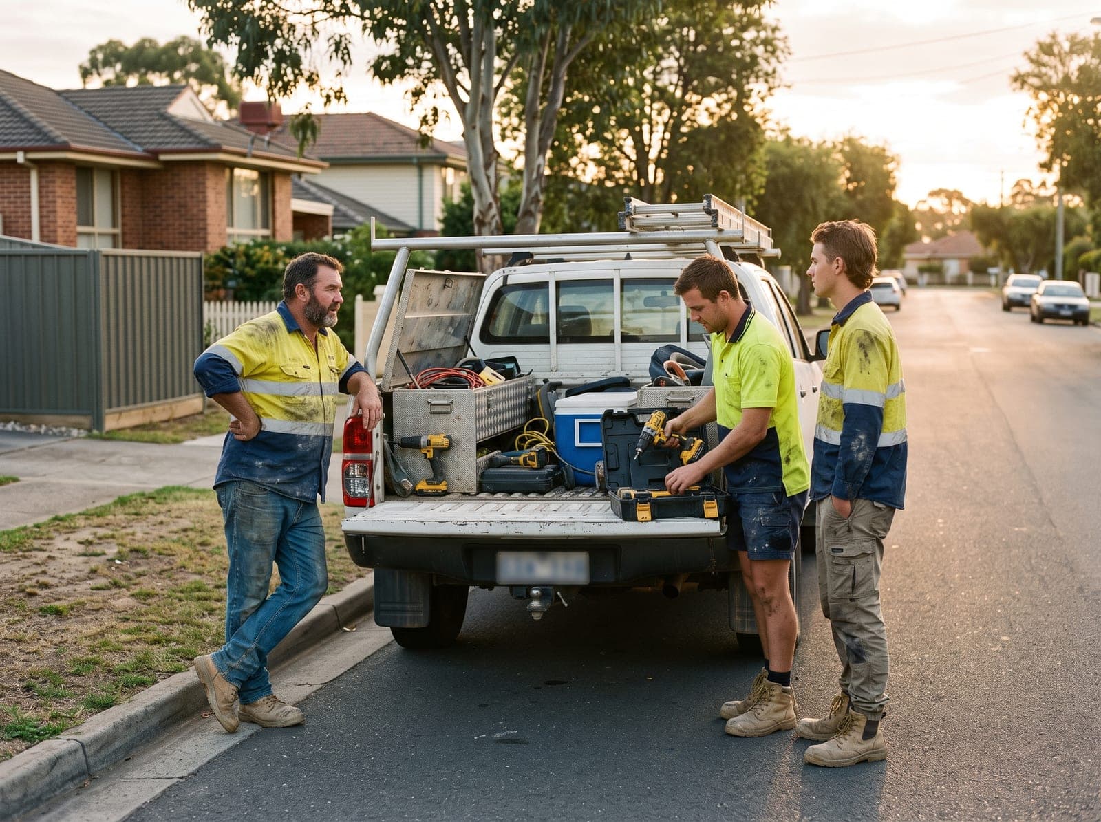 A crew of Australian tradies at the back of a work ute, sorting tools at the end of the day