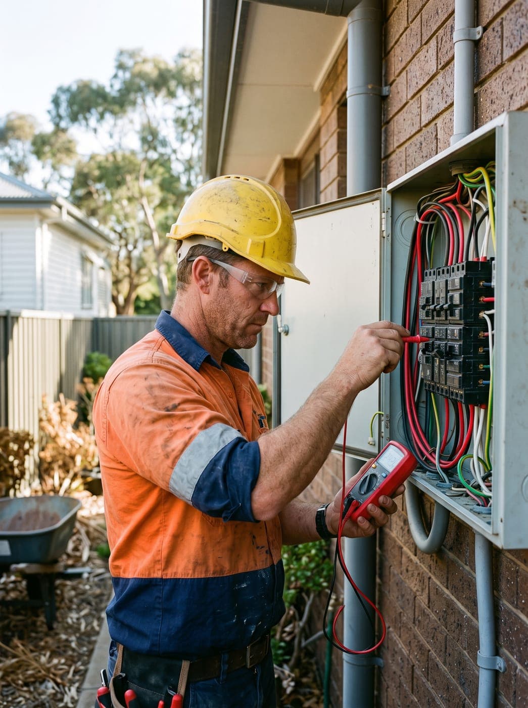 Australian electrician in a yellow hard hat testing a switchboard with a multimeter
