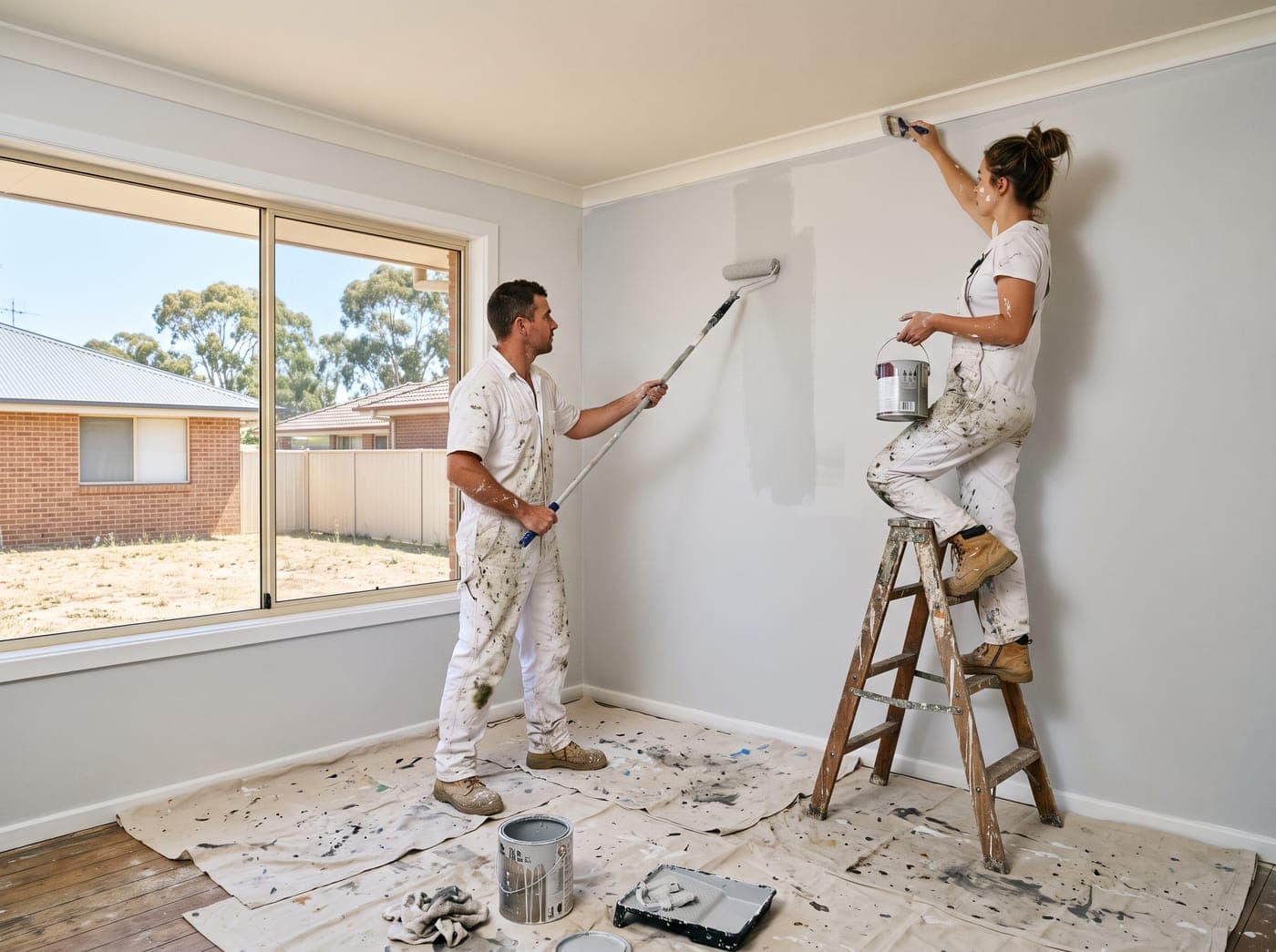 Two painters rolling and cutting in fresh paint on an interior wall