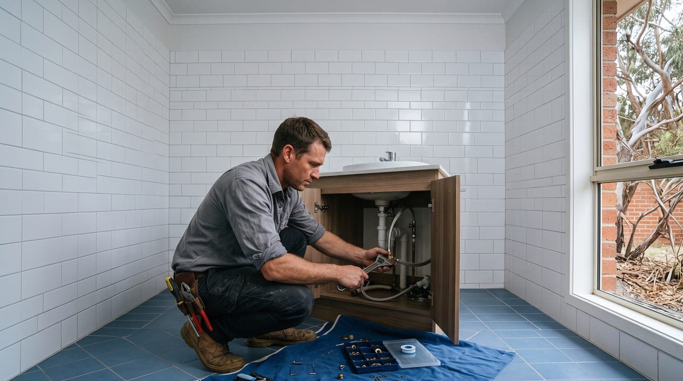 Plumber at an open bathroom vanity, tightening a supply line with a shifting spanner