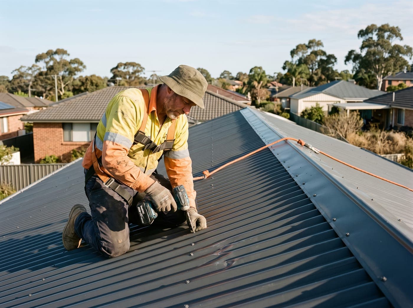 Roofer driving a screw into new corrugated Colorbond sheeting with a cordless driver