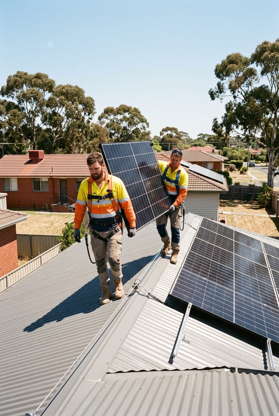 Installers carrying a solar panel to a rooftop array on a suburban home