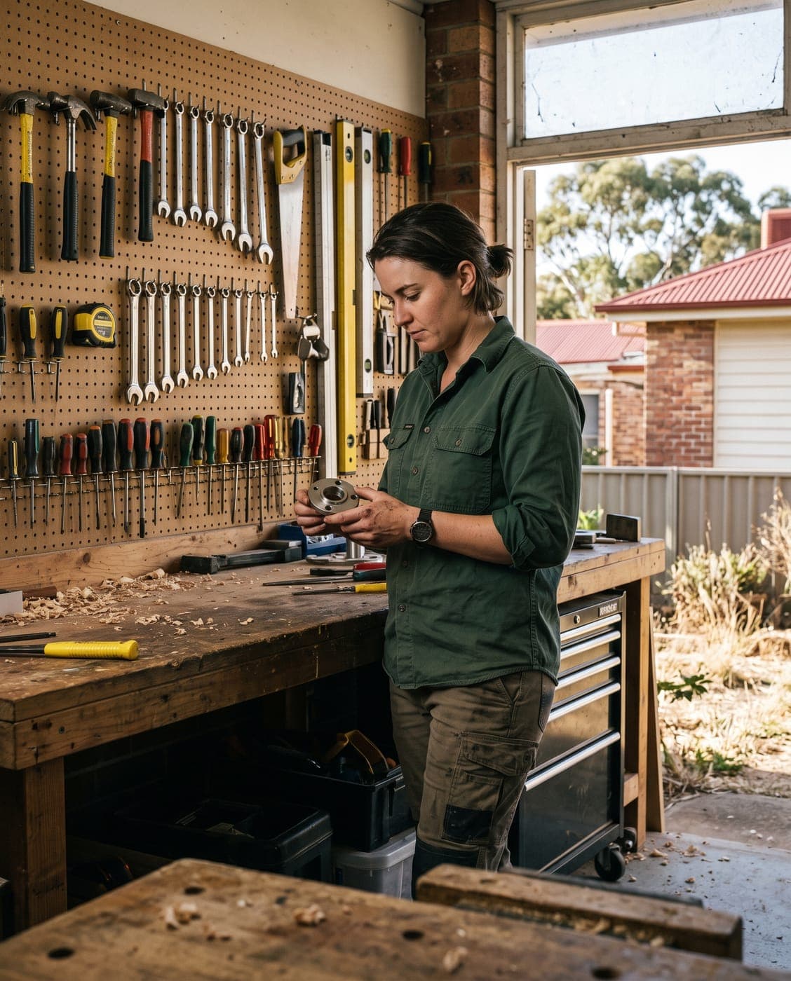 Tradesperson checking a finished part at a well-kept workshop bench